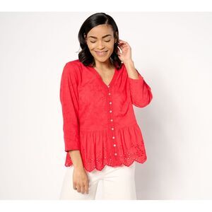 Susan Graver Women's Top Sweater Sz XL PURE Embroidered Cotton Orange A659847